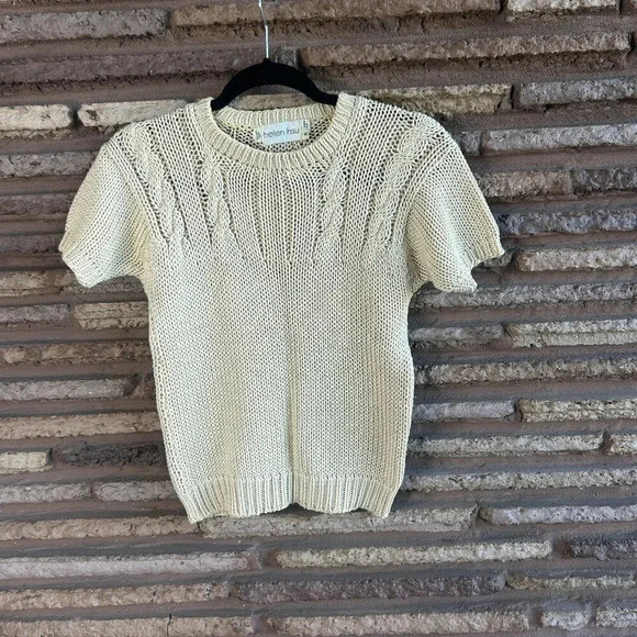 Helen Hsu Vintage Beige Cable Knit Short Sleeve 100% Cotton Sweater Size Small - Picture 2 of 6